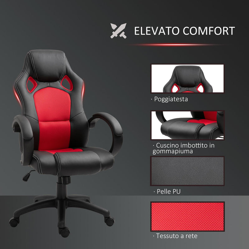 Sedia da Gaming Ergonomica in Similpelle Rosso e Nero