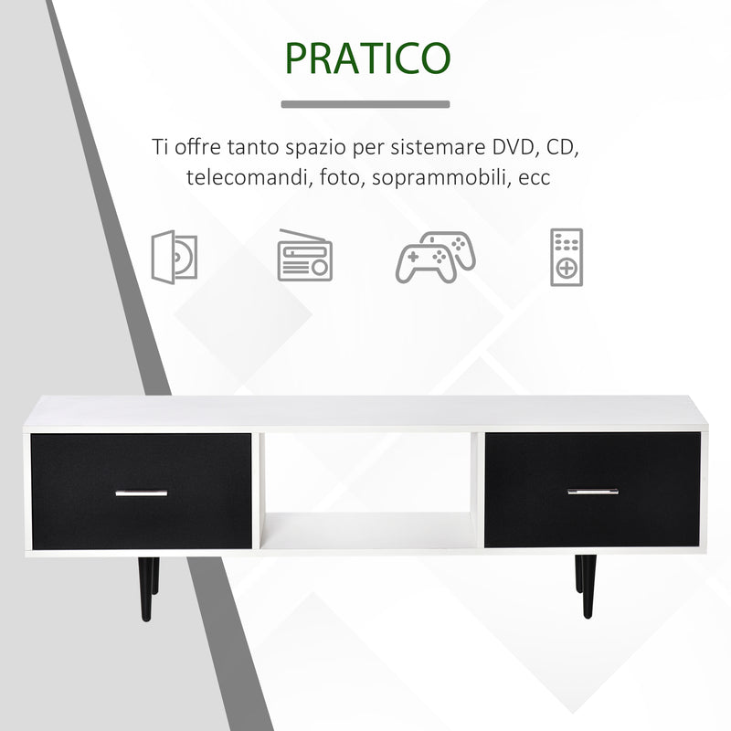 Mobile TV in Legno Truciolato e Metallo 140x30x42 cm Bianco e Nero