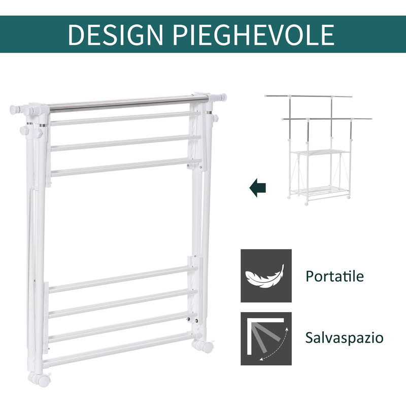 Appendiabiti Estensibile con 2 Ripiani Ruote e Altezza Regolabile in Acciaio 88-157x50x95-160 cm Bianco