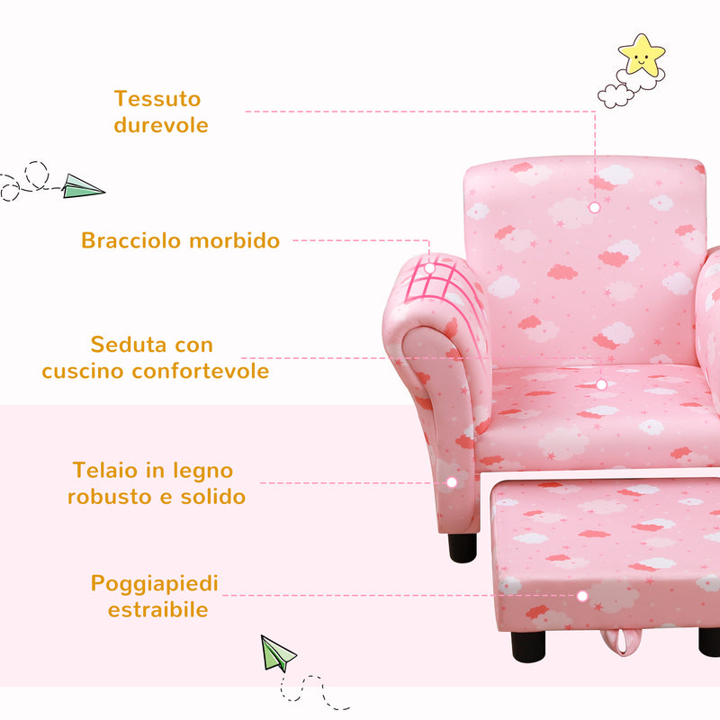 Poltroncina Imbottita per Bambini 57x42x45 cm con Poggiapiedi Rosa