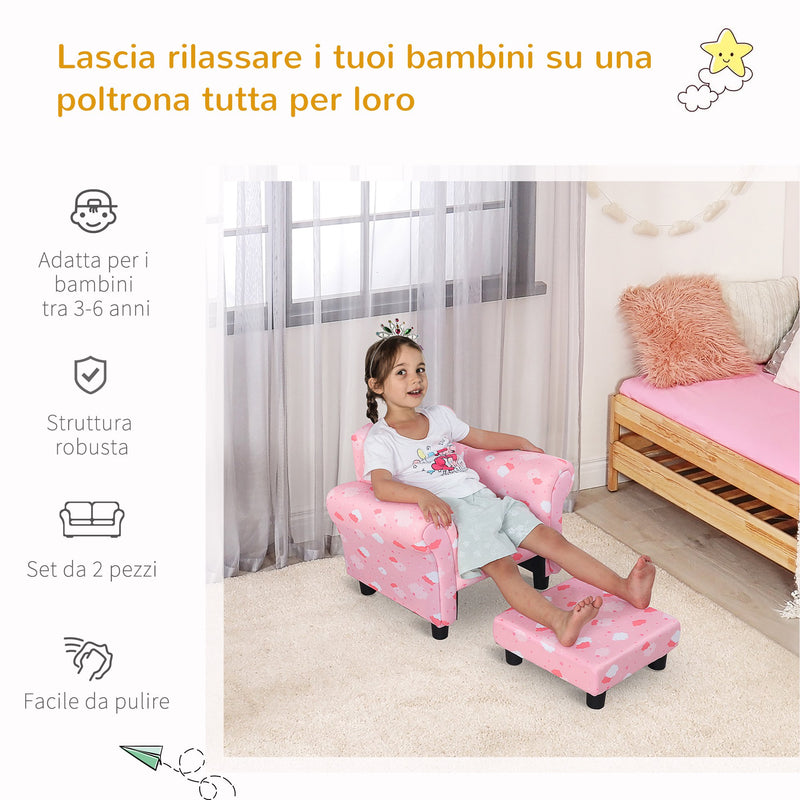 Poltroncina Imbottita per Bambini 57x42x45 cm con Poggiapiedi Rosa