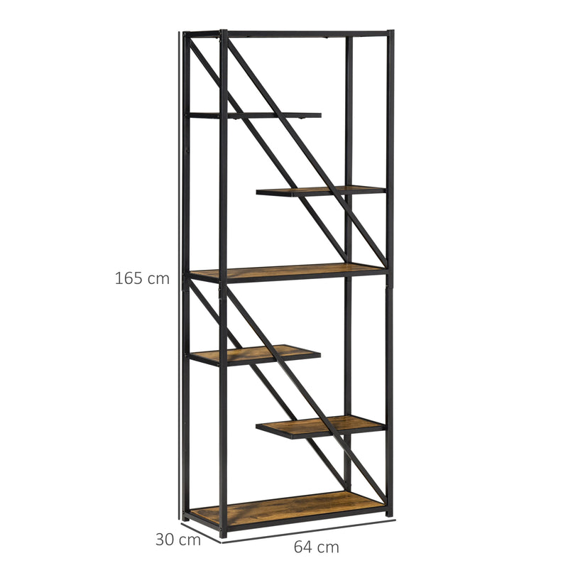 Libreria a Muro 6 Ripiani 64x30x165 cm in Truciolare e Metallo Marrone e Nero