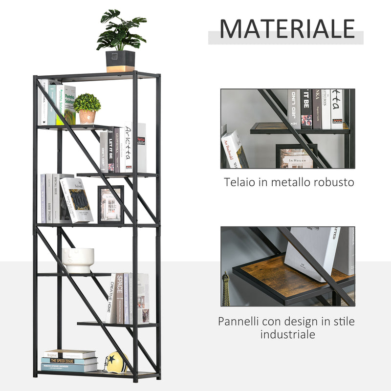 Libreria a Muro 6 Ripiani 64x30x165 cm in Truciolare e Metallo Marrone e Nero