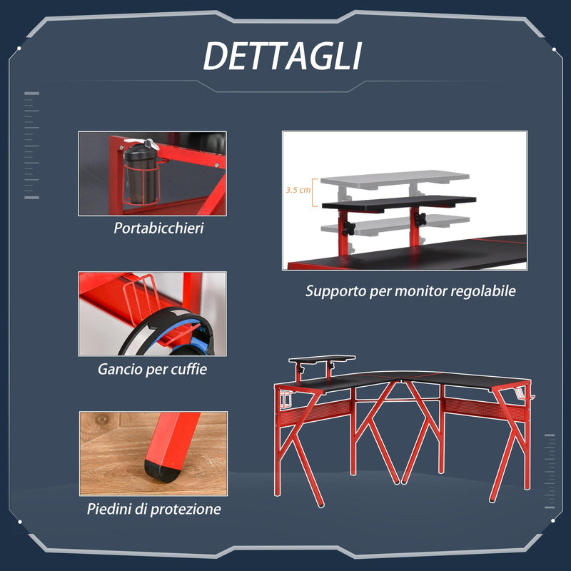 Scrivania da Gaming Angolare 125x125x75 cm in Metallo Nero e Rosso