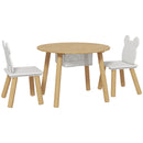 Set con Tavolo e 2 Sedie per Bambini con Schienale a Orsetto Tavolino con Vano Contenitore in MDF Bianco e Legno      