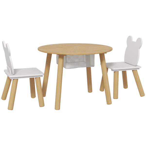 Set con Tavolo e 2 Sedie per Bambini con Schienale a Orsetto Tavolino con Vano Contenitore in MDF Bianco e Legno online