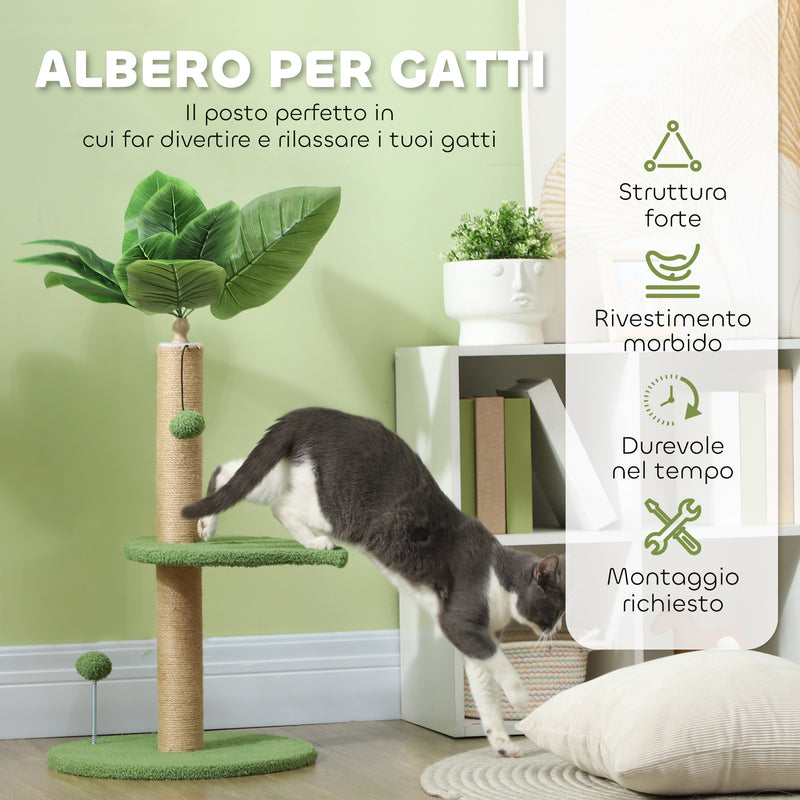 Albero Tiragraffi per Gatti Palo in Juta Piattaforme in Peluche e Palline Ø40x83 cm Verde