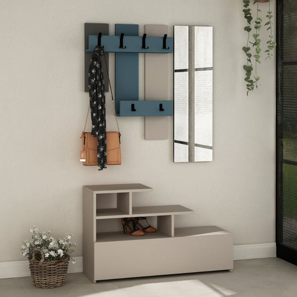 prezzo Meuble d'entrée Vesty gris tourterelle turquoise avec étagère à chaussures et miroir