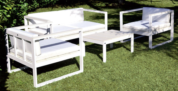 Ensemble de jardin canapé fauteuils et table basse en polyrotin blanc Morel Montréal sconto