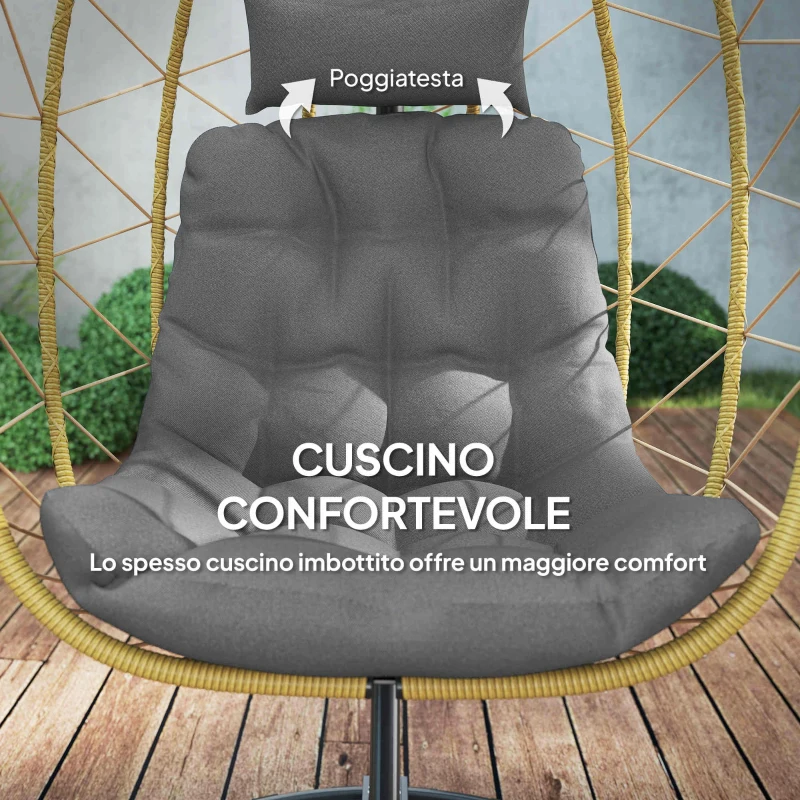 Dondolo Pensile da Giardino Pieghevole con Cuscini 102x102x195 cm in Acciaio e Rattan PE Nera Grigia e Beige