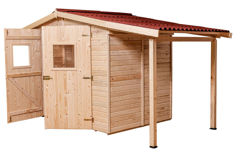 Casetta Box da Giardino 3,36x1,6 m con Pavimento e Tettoia Laterale in Legno Picea Massello 16mm Eden