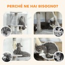 Albero Tiragraffi per Gatti Alto 160 cm con 2 Casette Amaca Lettino e Pali in Sisal Grigio      