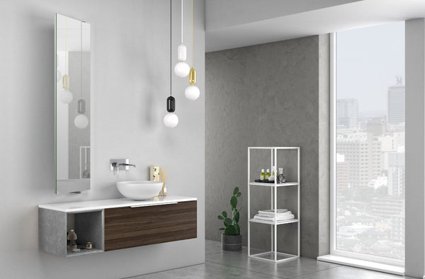sconto Meuble de Salle de Bain Suspendu 135 cm Mactan Noyer Blanc et Lavabo TFT Gris Gauche et Miroir