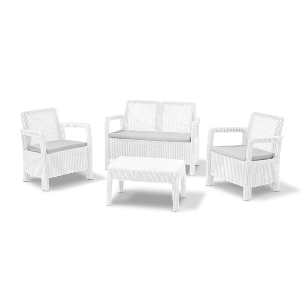 prezzo Salon de jardin canapé + 2 fauteuils avec table basse blanche