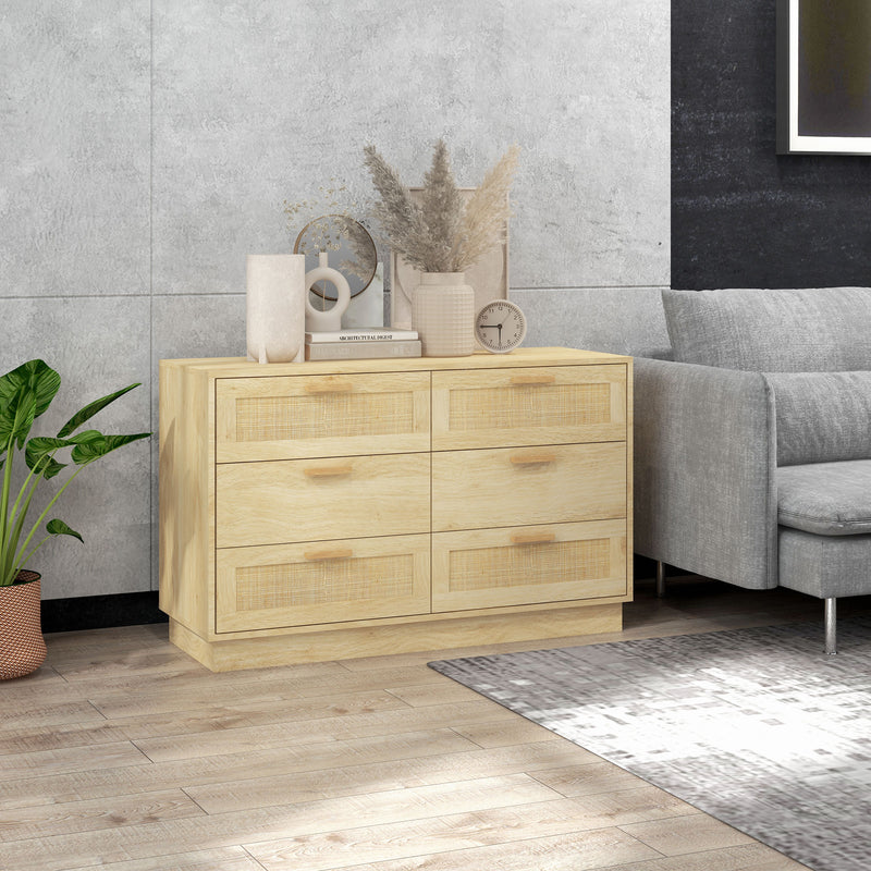 Cassettiera 6 Cassetti Stile Boho 110x40x69 cm in Legno e Rattan Rovere      