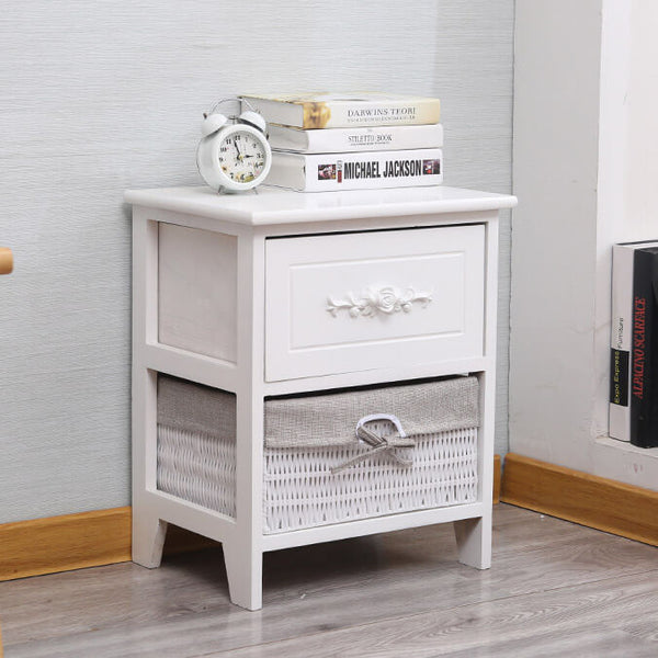 online Table de Chevet avec 2 Tiroirs 40x30x48 cm en Bois Massif Blanc Fumer Carol