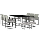 Set 11 Pezzi da Pranzo da Esterno con Tavolo 6 Poltrone e 4 Pouf in Rattan PE Vetro e Acciaio Grigio      