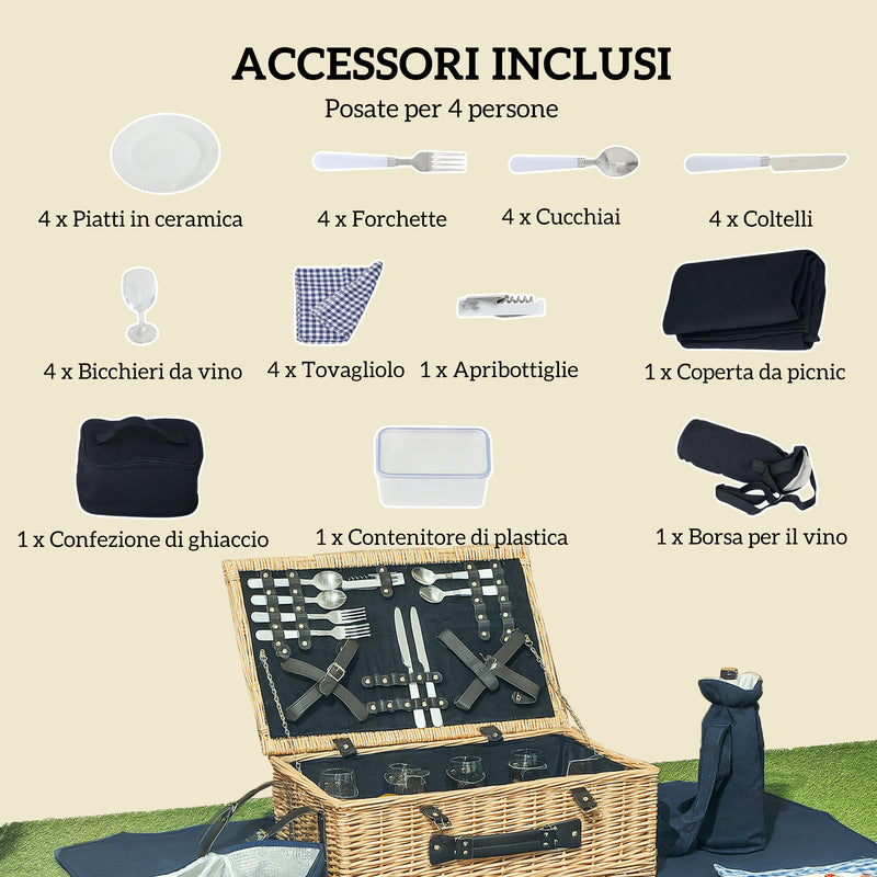 Cesta Valigetta da Pic Nic per 4 Persone 24 Pezzi in Vimini color Legno  