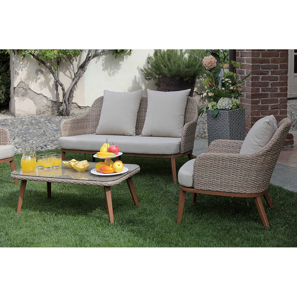 acquista Ensemble de jardin canapé 2 fauteuils et table basse en polyrotin naturel Adami Tirreno