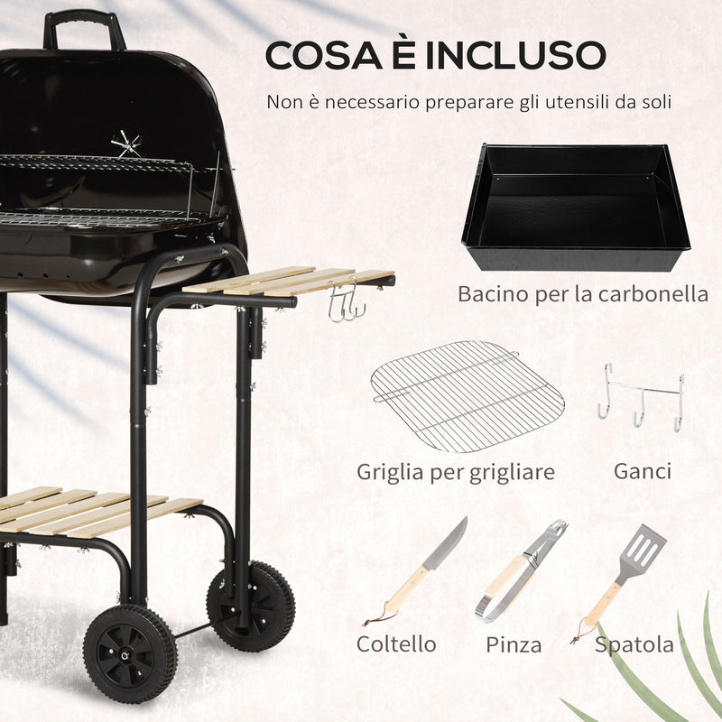 Barbecue a Carbone con Coperchio con Ripiani e Utensili da Cucina Nero   