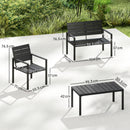 Set 4 Pezzi Salotto da Giardino con Tavolino da Caffè Divanetto 2 Posti e 2 Sedie in HDPE e Metallo Nero      