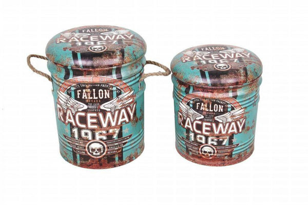 Set 2 Conteneur Pouf Rond en MDF Turquoise prezzo