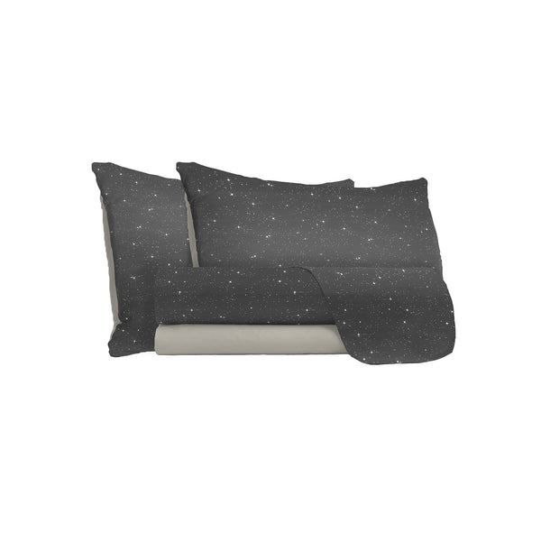 Ensemble de draps avec impression dessus et dessous et taies d'oreiller étoiles grises différentes tailles sconto