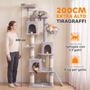 Albero Tiragraffi 60x40x200 cm con Pali in Sisal 2 Cucce 3 Casette e Amaca in Truciolare e Peluche Grigio Chiaro      
