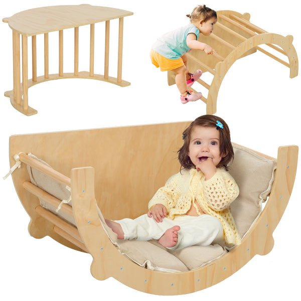 Arco Montessoriano 3 in 1 per Bambini da 18-48 Mesi Arrampicata Tavolino e Dondolo con Cuscino in Pino Color Legno prezzo
