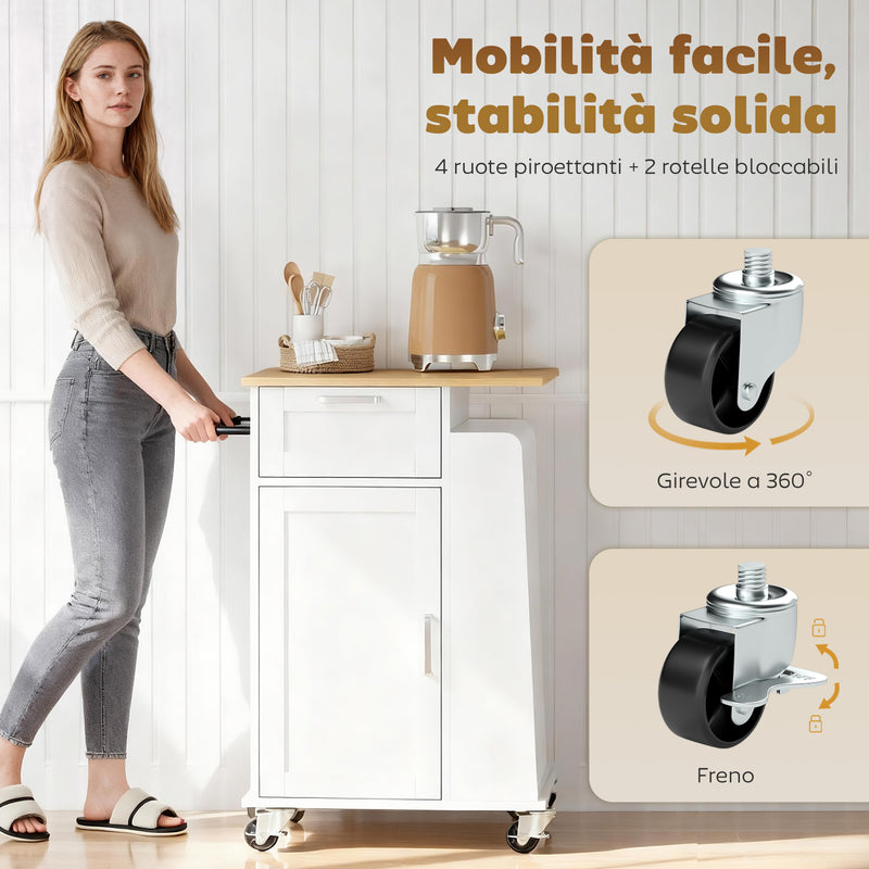 Carrello da Cucina 62x40x87 cm con Cassetto Armadietto Portasciugamani e 3 Portaspezie in Legno Bianco      