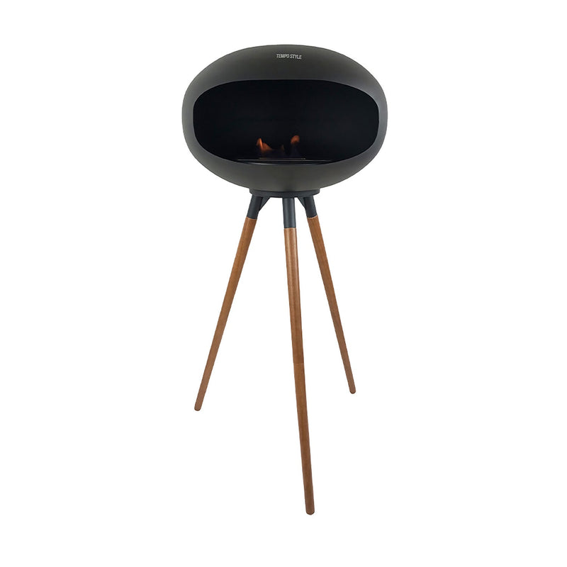 Camino a Bioetanolo da Pavimento Ø50x74 cm SICILY in Stile Nordico in Metallo Nero e Gambe in Legno Rovere