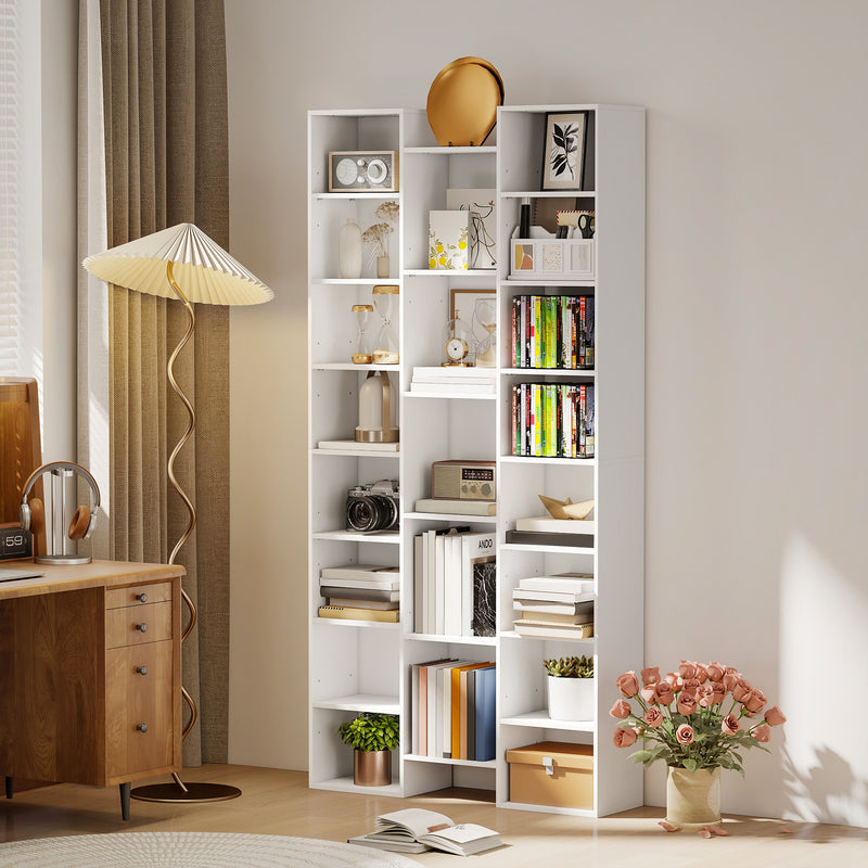 Libreria Moderna 89,5x23,5x181 cm con 21 Scomparti e 10 Ripiani Regolabili in Legno Bianco      