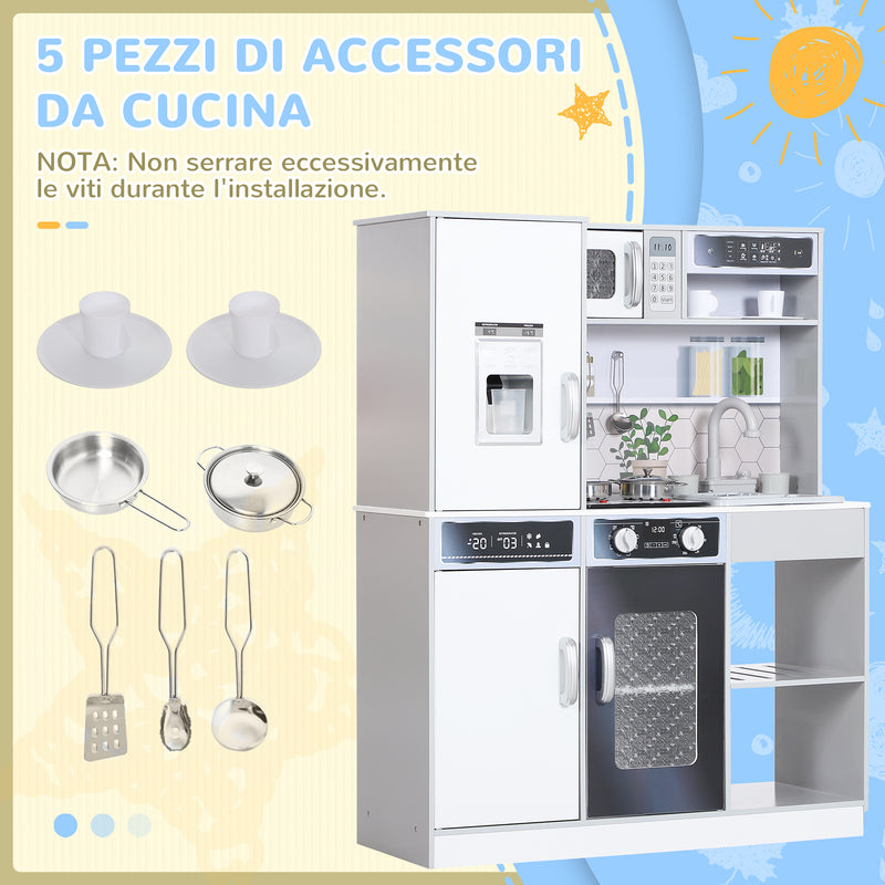 Set Cucina Giocattolo in Legno con Fornello con Luci e Suoni, Lavello con Circolo d'Acqua e Accessori, Bianco      