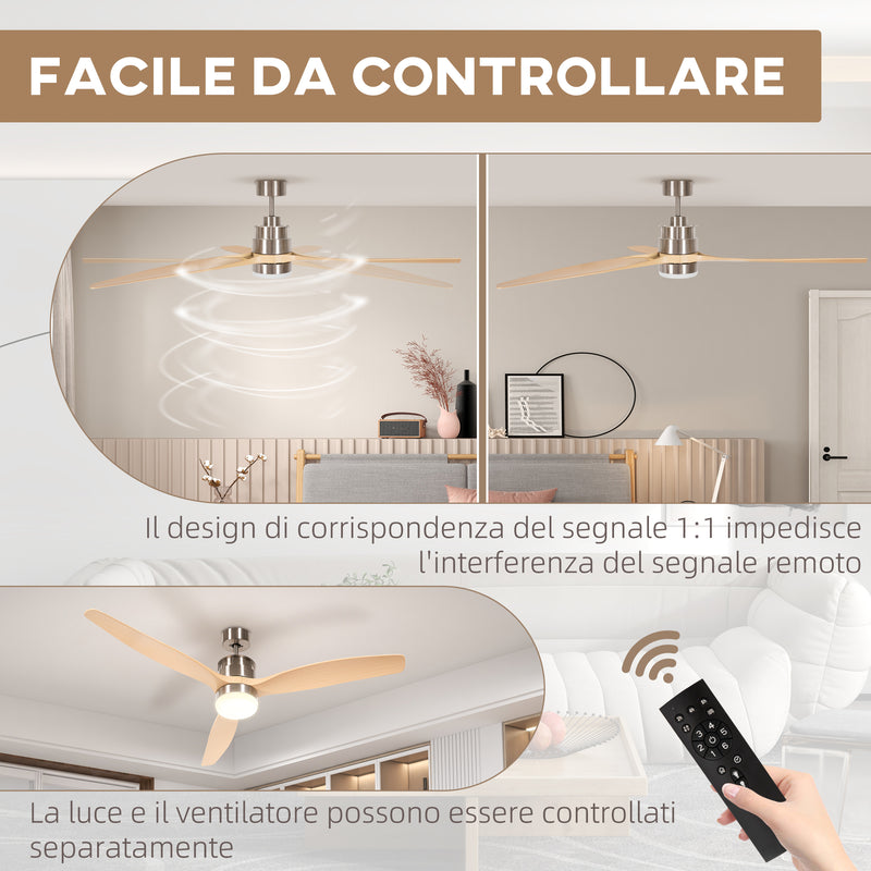 Ventilatore da Soffitto con Luce LED Bianca a 6 Velocità e Timer Ø132 x 43A cm in Metallo e Acrilico 