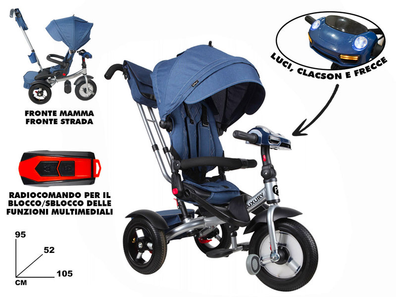 Triciclo Passeggino per Bambini 95x52x105 cm con Seggiolino Reversibile Jolly Blu-4