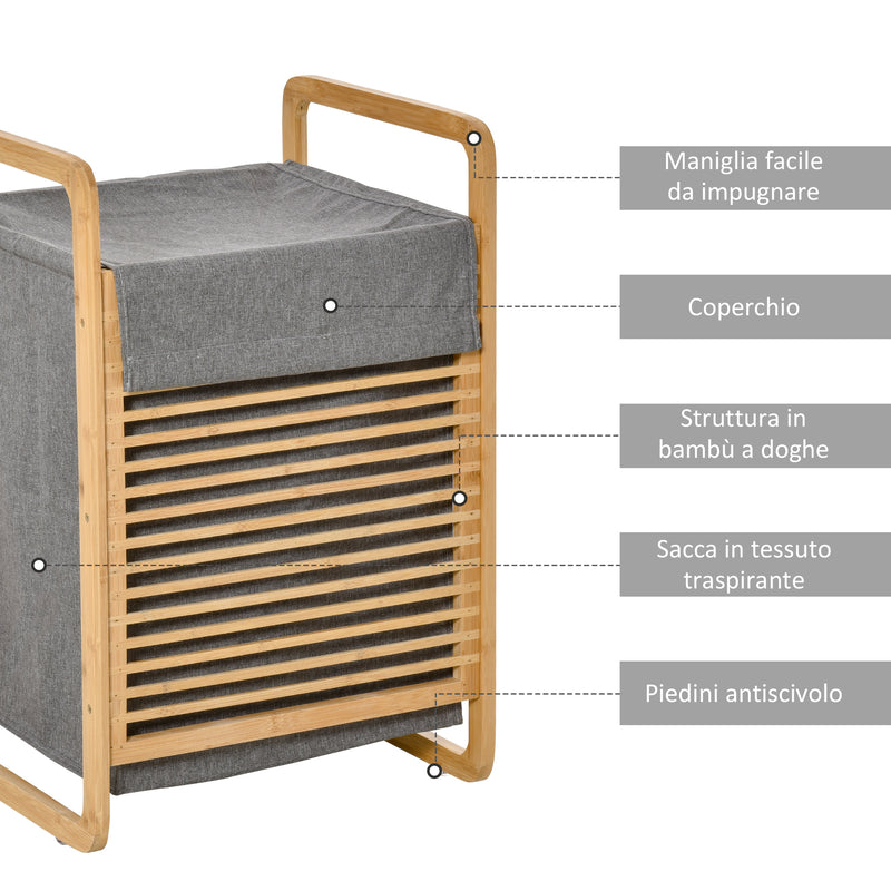 Cesto Portabiancheria 40x35,5x60,5 cm Sacco Rimovibile in Bambù e Tessuto Grigio