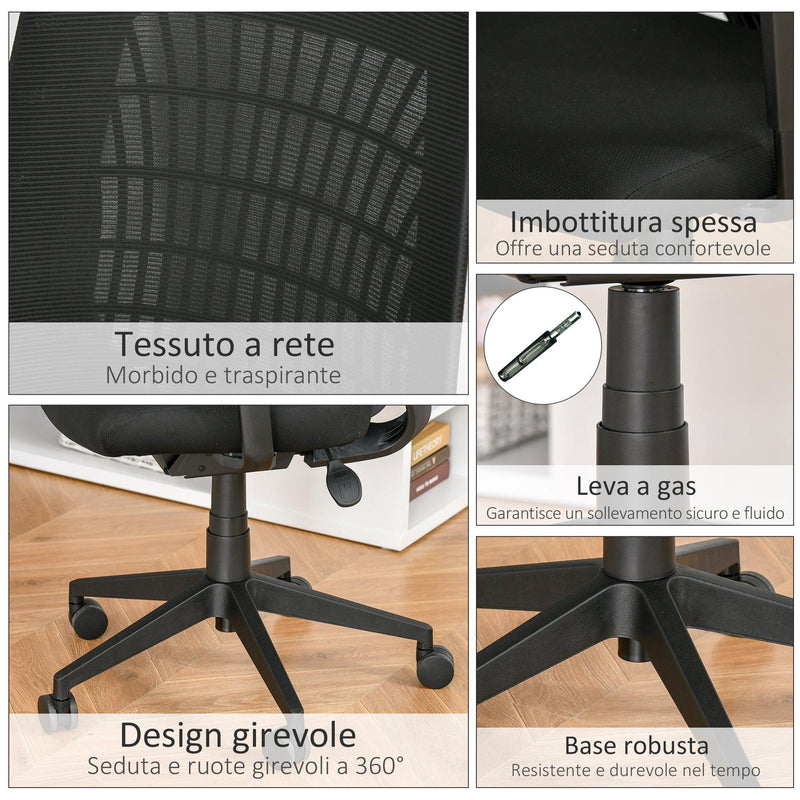 Sedia Poltrona Direzionale da Ufficio 67x64x118-126 cm in Tessuto a Rete Nero