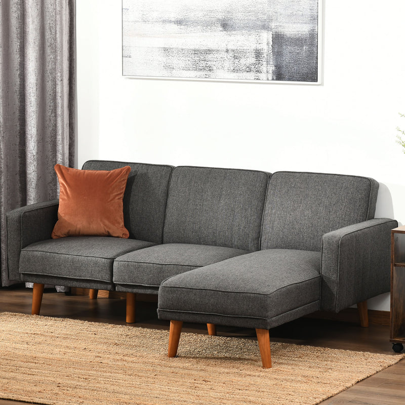 Divano Letto Angolare 194x134x78 cm con Penisola in Legno e Tessuto Grigio Scuro