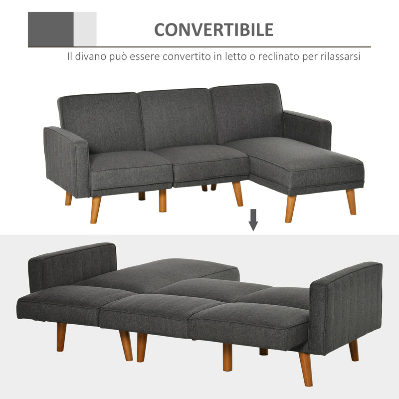 Divano Letto Angolare 194x134x78 cm con Penisola in Legno e Tessuto Grigio Scuro