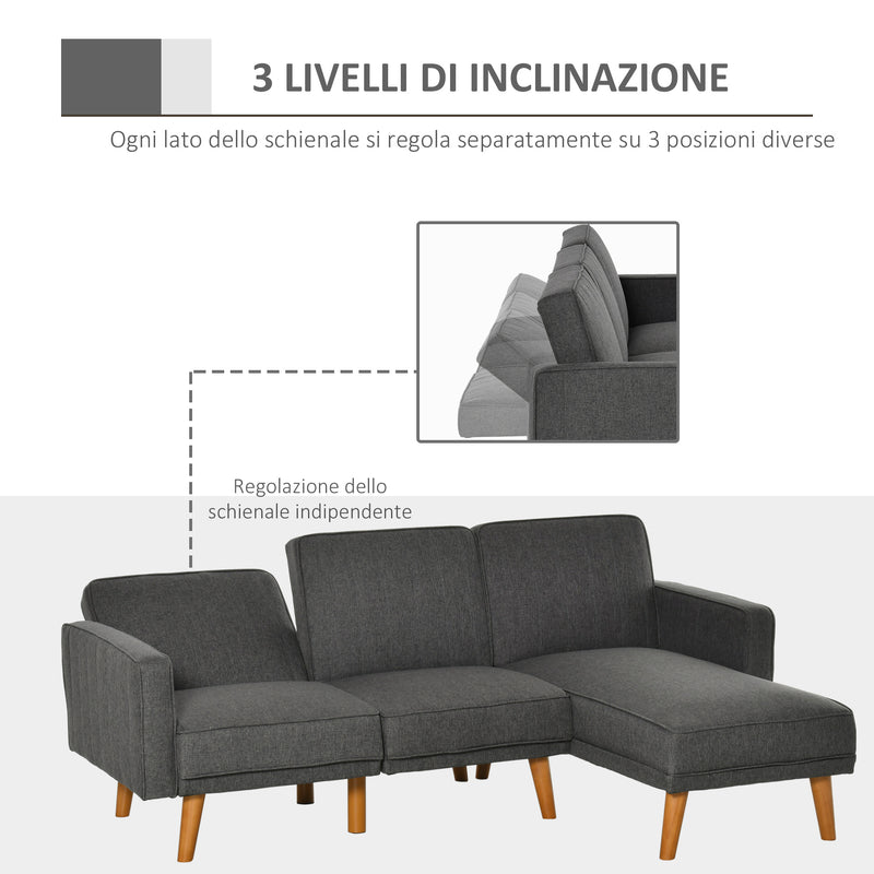 Divano Letto Angolare 194x134x78 cm con Penisola in Legno e Tessuto Grigio Scuro