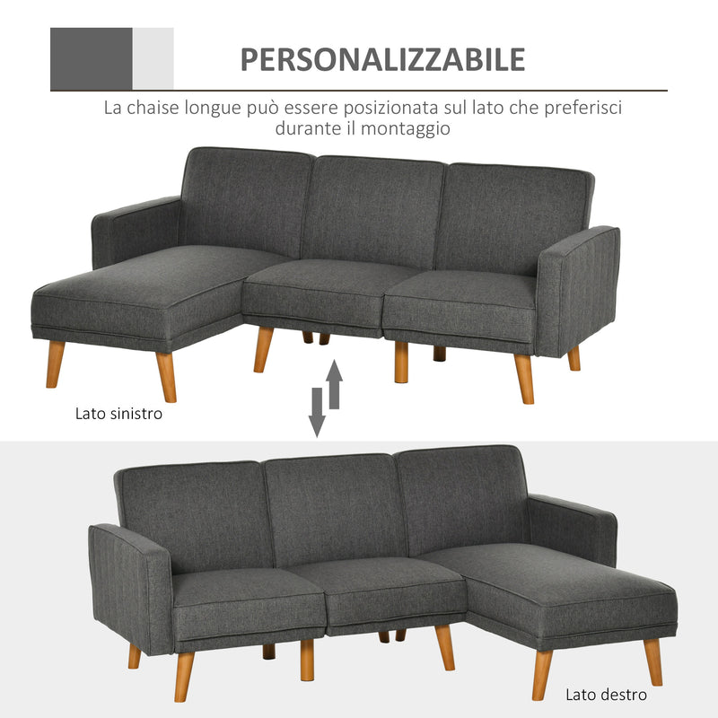 Divano Letto Angolare 194x134x78 cm con Penisola in Legno e Tessuto Grigio Scuro