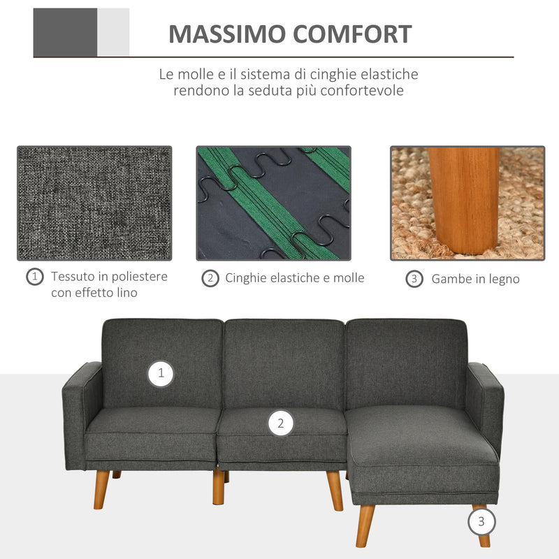 Divano Letto Angolare 194x134x78 cm con Penisola in Legno e Tessuto Grigio Scuro