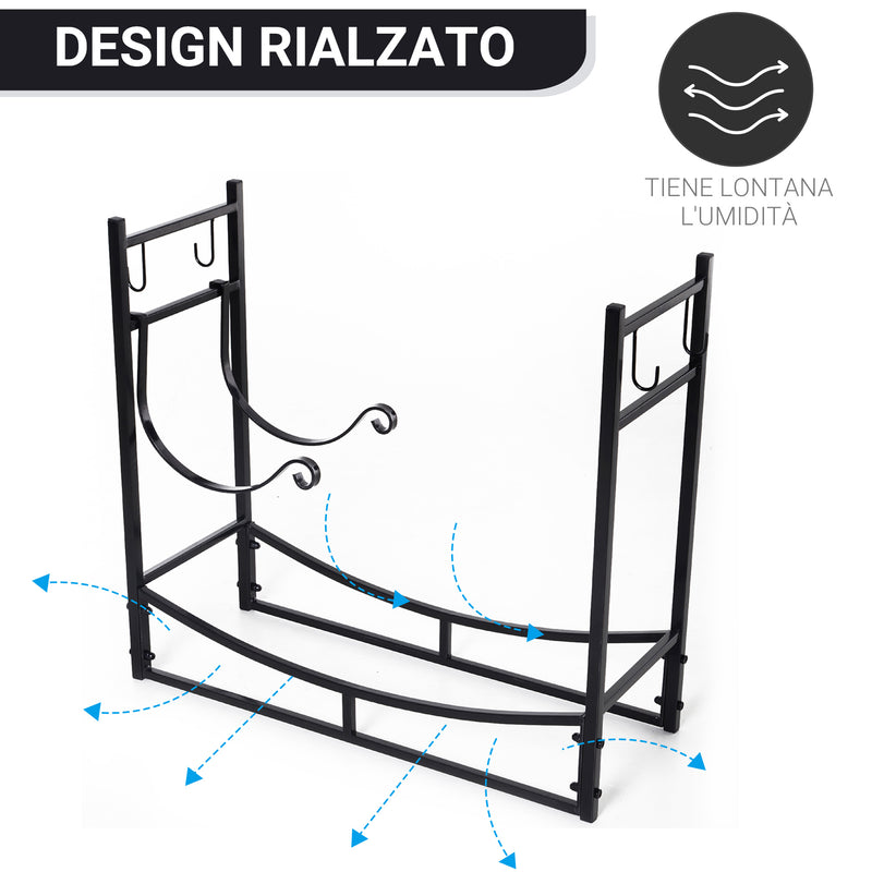 Portalegna per Camino 84x33x76 cm con Accessori in Metallo Nero