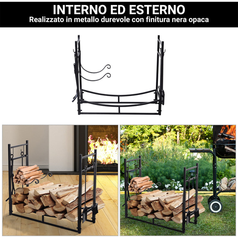 Portalegna per Camino 84x33x76 cm con Accessori in Metallo Nero