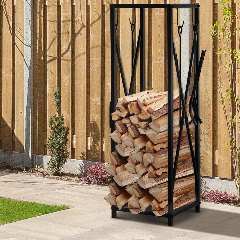 Portalegna per Camino 34x34x111 cm con Accessori in Metallo Nero