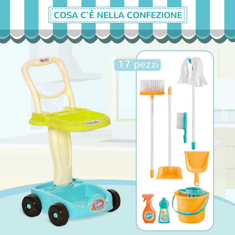 Set Pulizie Giocattolo per Bambini 30x29x55 cm 17 Accessori con Carrello