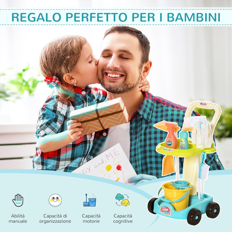 Set Pulizie Giocattolo per Bambini 30x29x55 cm 17 Accessori con Carrello