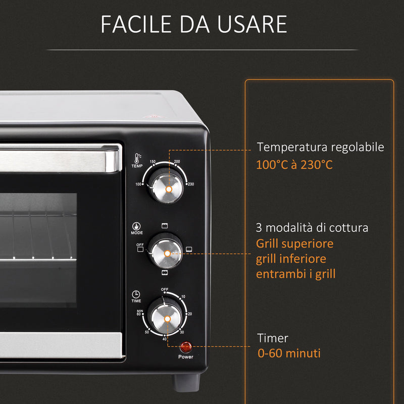 Fornetto Elettrico 28 Litri con Griglia e Teglia Argento e Nero