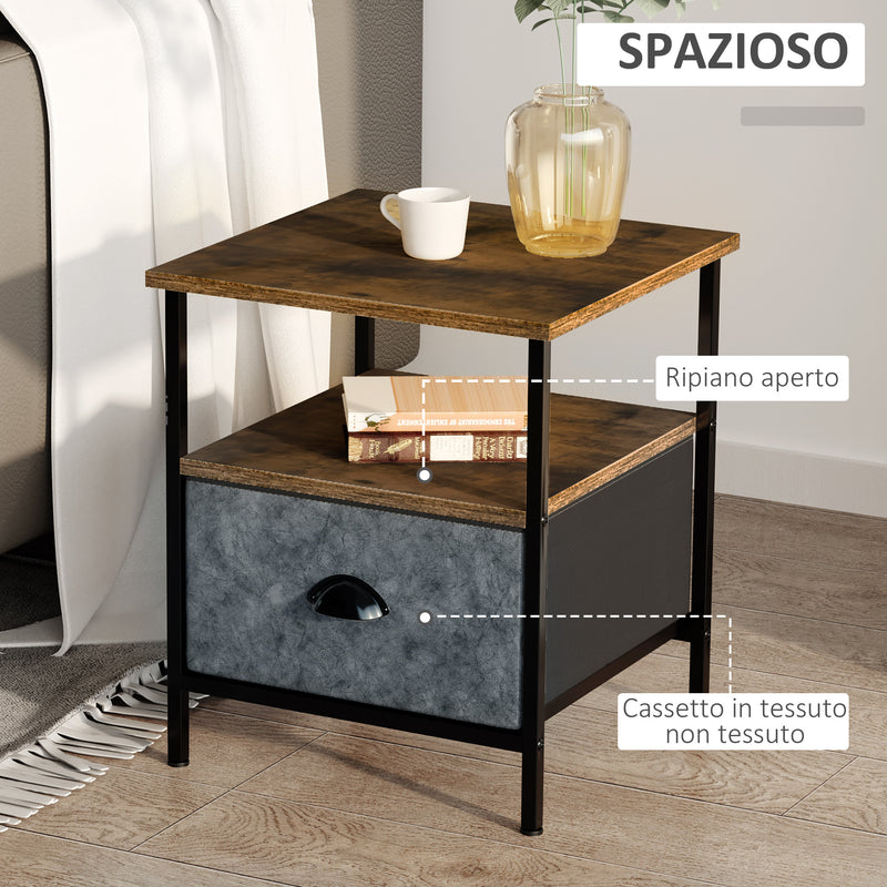 Comodino 1 Cassetto in Tessuto 40x40x46,9 cm in Legno e Acciaio Marrone e Grigio