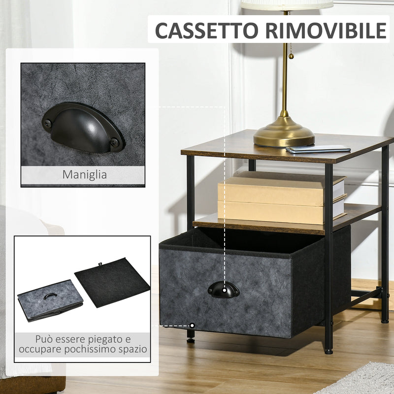 Comodino 1 Cassetto in Tessuto 40x40x46,9 cm in Legno e Acciaio Marrone e Grigio